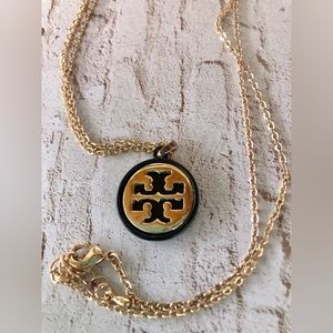 Tory Burch Logo Necklace Gold & Black on 28” chain plus 1 &1/2 “ extender